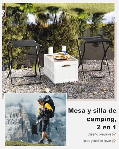 eSituro Table de camping 2-en-1 avec plateau amovible - Noir - 40,5 x 40,5 x 50 cm