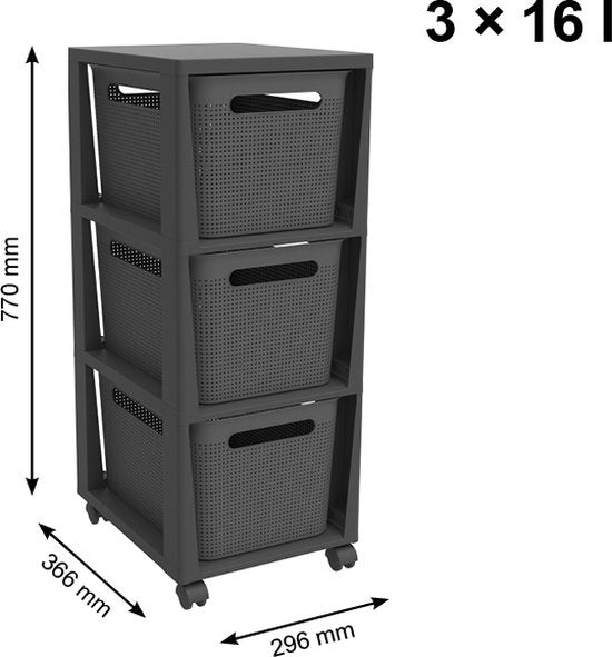 Rotho Tower Brisen - Meuble à tiroirs 3 x 16L avec roulettes - Anthracite