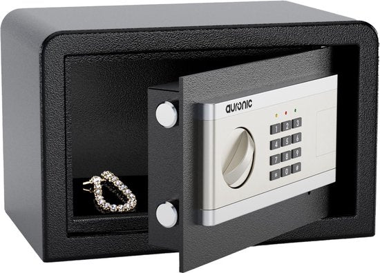 Auronic Coffre-fort électronique - Serrure Digitale - Clé - Montage mural - Porte 4.3cm - Alarme 130dB - 8L - 31x20x20cm - 4.5KG - Acier - Noir