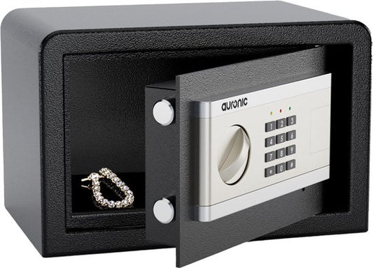 Auronic Coffre-fort électronique - Serrure Digitale - Clé - Montage mural - Porte 4.3cm - Alarme 130dB - 8L - 31x20x20cm - 4.5KG - Acier - Noir