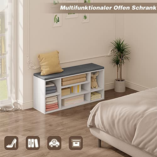 Woltu Shoe Bench with 7 Compartments - Rangement pour chaussures en bois avec siège et coussin - White with Grey - 103,5 x 48 x 30 cm