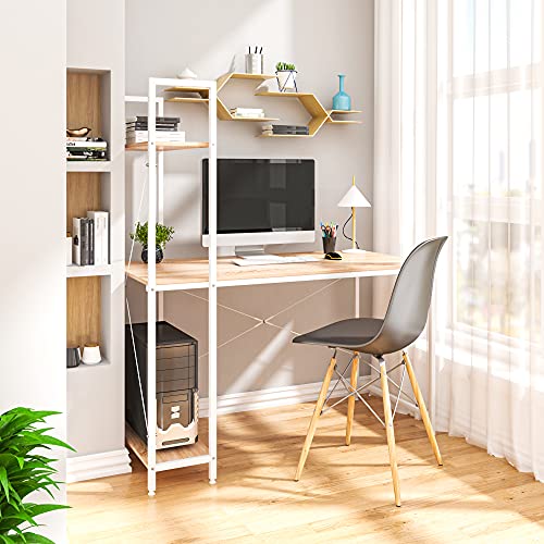 Table d'ordinateur Woltu chêne clair + blanc avec 4 casiers de rangement - Poste de travail spacieux 120x64 cm