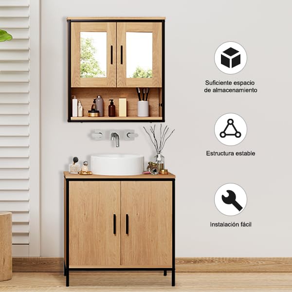 Eugad Armoire de toilette avec 2 portes et miroir Chêne clair 56 x 13 x 60 cm