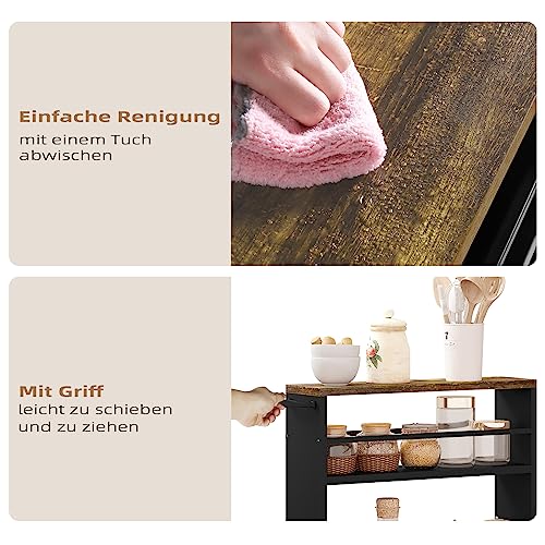 Woltu Kitchen Trolley with 3 Levels - étagère de cuisine en bois avec roues et poignée - Vintage Brown Black - 47 x 80 x 13 cm