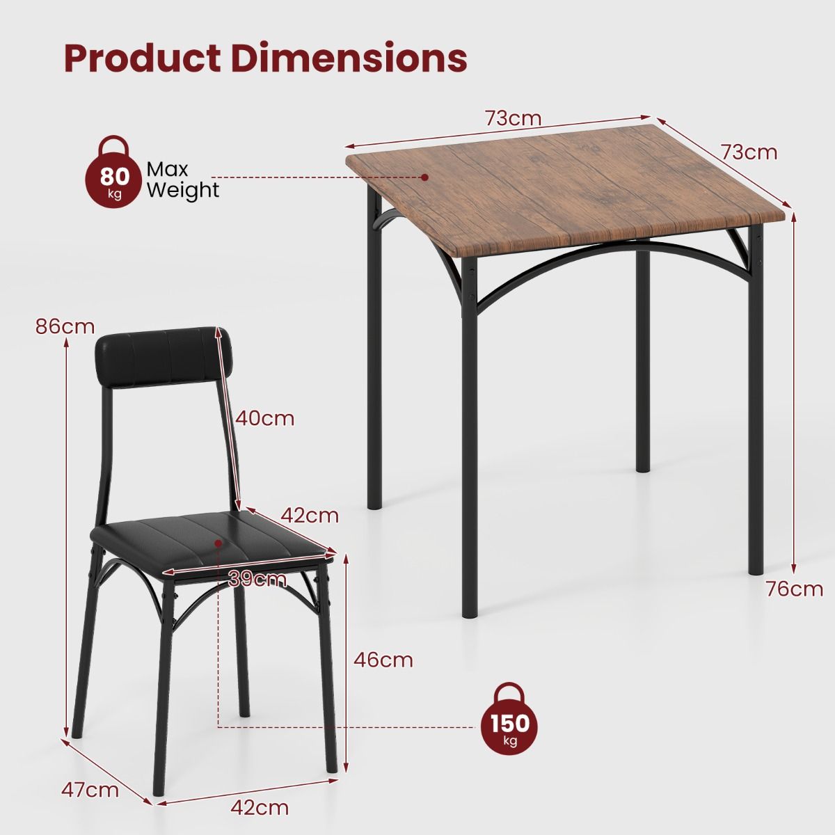 Ensemble de salle à manger Coast - table carrée avec 2 chaises - revêtement en simili cuir - noir et marron rustique