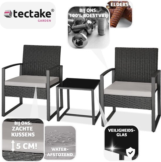 tectake® - ensemble de sièges en osier 2x fauteuils avec table, ensemble de meubles de balcon, meubles de jardin, meubles de balcon, petit salon, chaises rembourrées y compris table de jardin extérieure, résistant aux intempéries - noir - poly-rotin