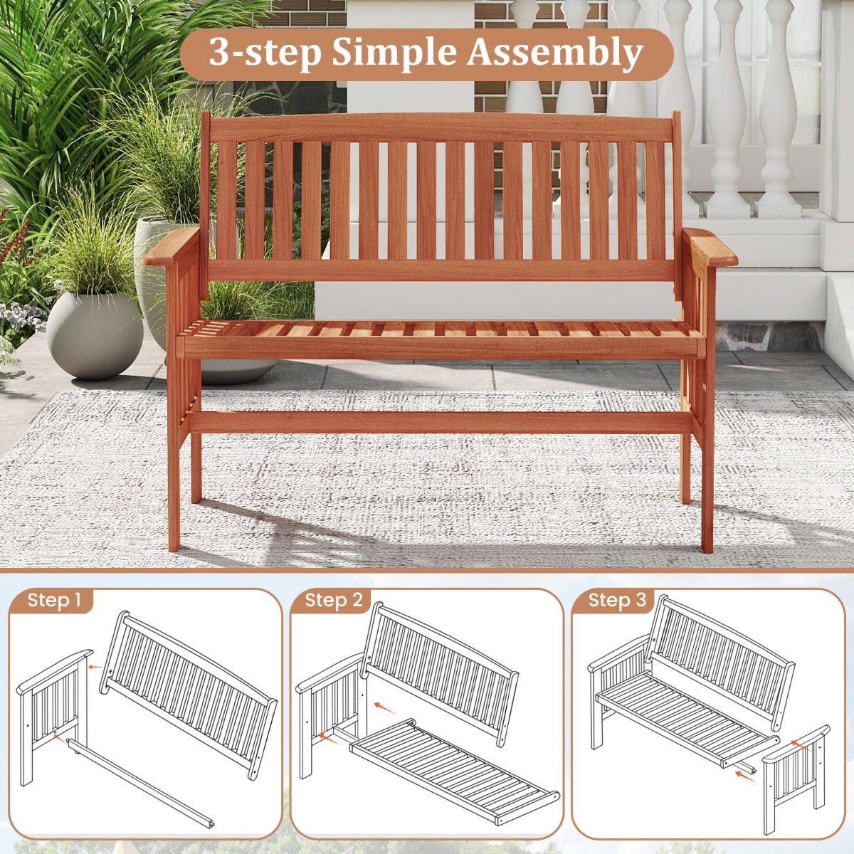 Banc de jardin en bois Coast - 2 places - dossier réglable - couleur naturelle - 119 x 59,5 x 89 cm