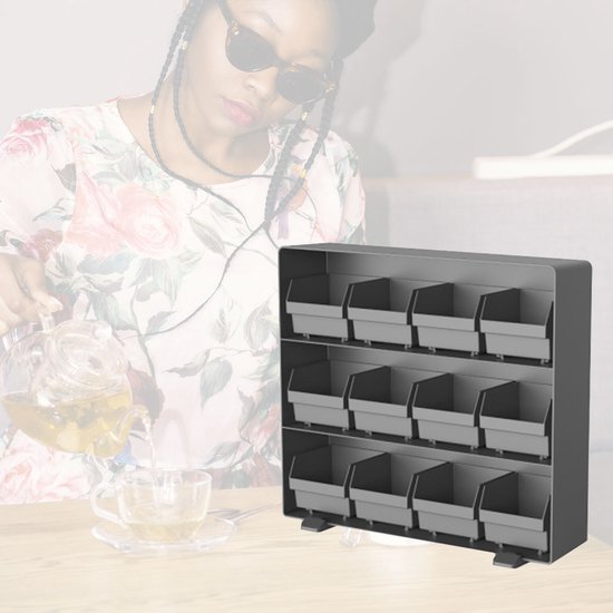 BRASQ Tea Organiser Black TB200 - Boîte à thé 12 compartiments - organiseur de cuisine - Boîte à thé - Porte-sachets de thé - Système de rangement peu encombrant