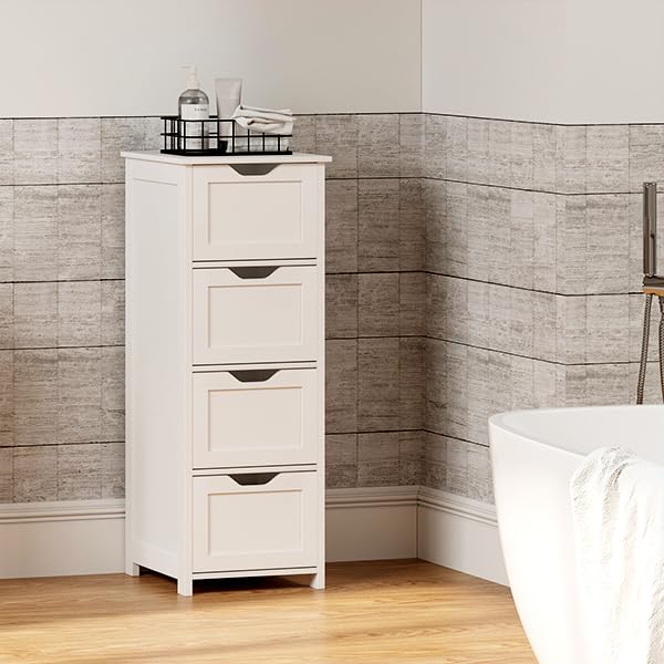 Esituro Armoire de toilette SBP0020 Avec 4 Tiroirs - MDF Blanc - Compact et Spacieux 24 x 26 x 16 cm