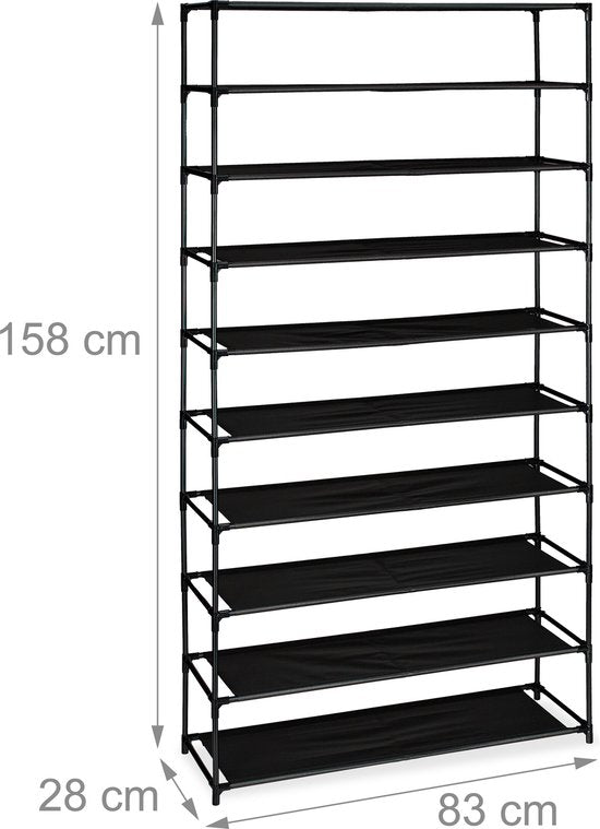 étagère à chaussures haute - 10 étages - métal - tissu - 83 cm de large - noir