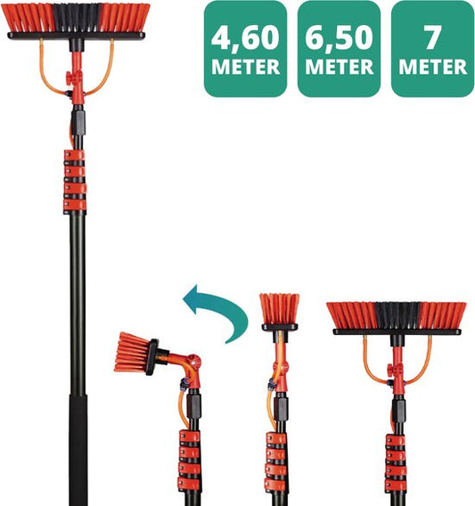 Brosse à laver télescopique Shine / Brosse à eau extensible XXL jusqu'à 7 mètres - Manche télescopique 5 pièces avec distributeur de savon - Ergonomique - Rouge/Noir