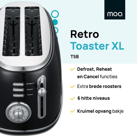 MOA Retro Toaster XL - 6 niveaux de chaleur - 4 sandwichs simultanés - 1500W - Fonction de réchauffage et de décongélation - Noir - T5B
