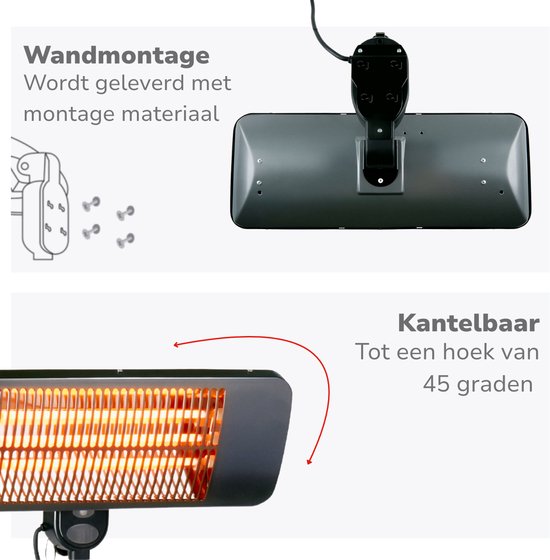 Chauffage infrarouge suspendu Alpina - Chauffage de terrasse 2000 W, 3 niveaux de chaleur - Chauffage de terrasse résistant aux éclaboussures IP34 avec panneau infrarouge - Chauffage de terrasse