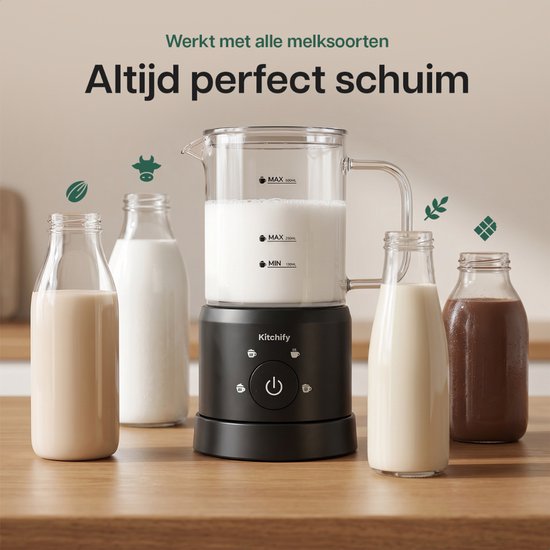Mousseur à lait en verre Kitchify - Mousseur à lait électrique - Avec bec verseur - 4 en 1 - Milk Frother - Noir