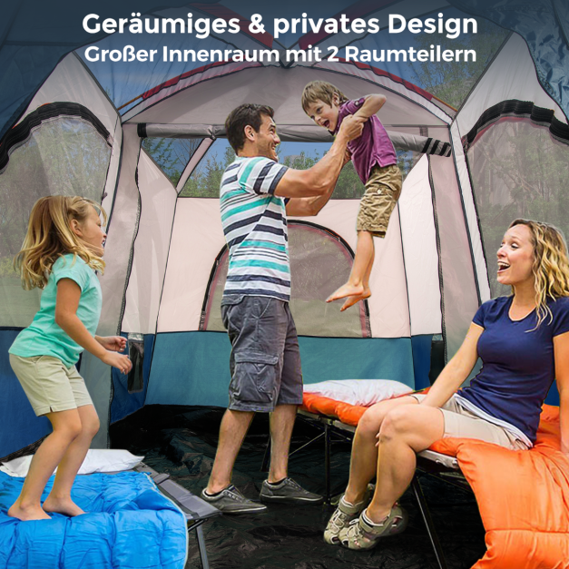 Tente de camping Coast pour 6 personnes avec 2 espaces de couchage et une cloison de séparation – Tente familiale avec housse de pluie et auvent – Bleu