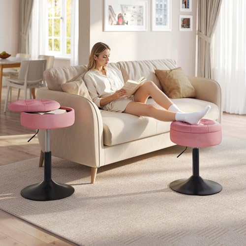 Woltu Tabouret de maquillage avec rangement - Tabouret de bar réglable 50-66.5 cm - Assise ronde - Rose velours