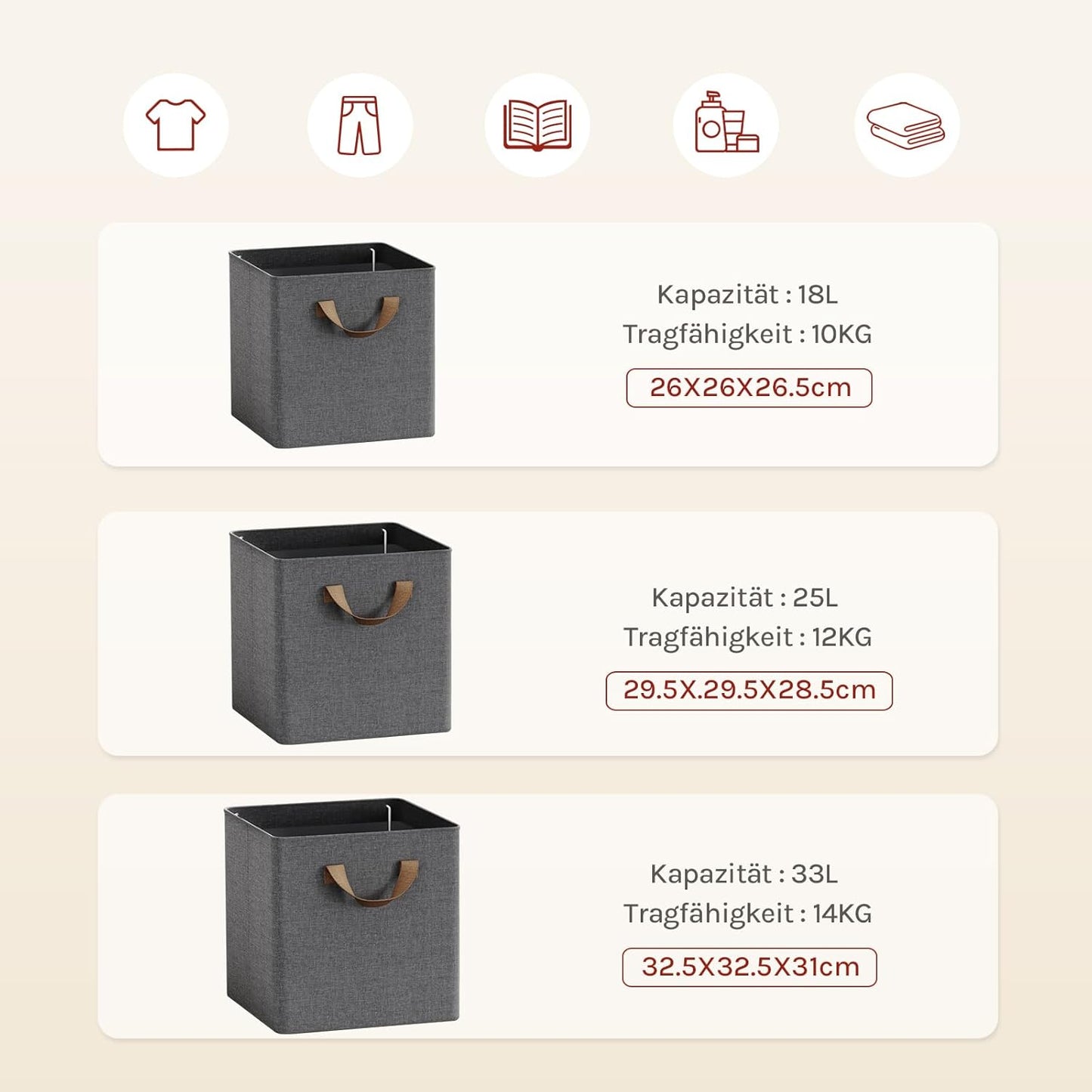 Woltu Boîte de rangement pliable Lot de 5 - Gris - Avec poignées et cadre en métal - 26 x 26 x 26,5 cm