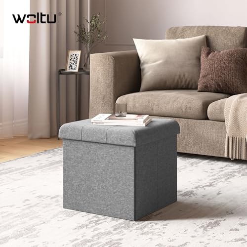 Woltu pouf de rangement avec couvercle en lin gris clair 37.5x37.5x38 cm