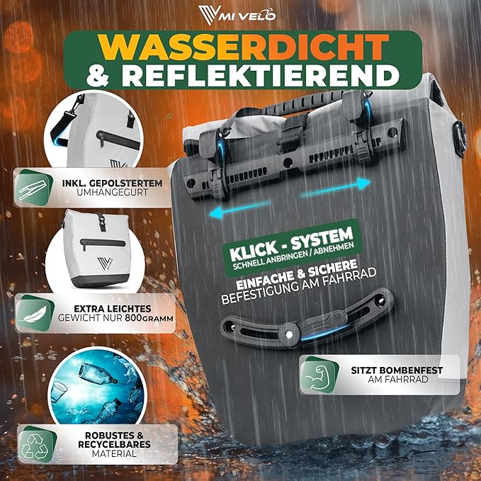 MIVELO Pannier - Imperméable & Incl. Compartiment pour ordinateur portable & Bandoulière - 20 litres - Réfléchissant