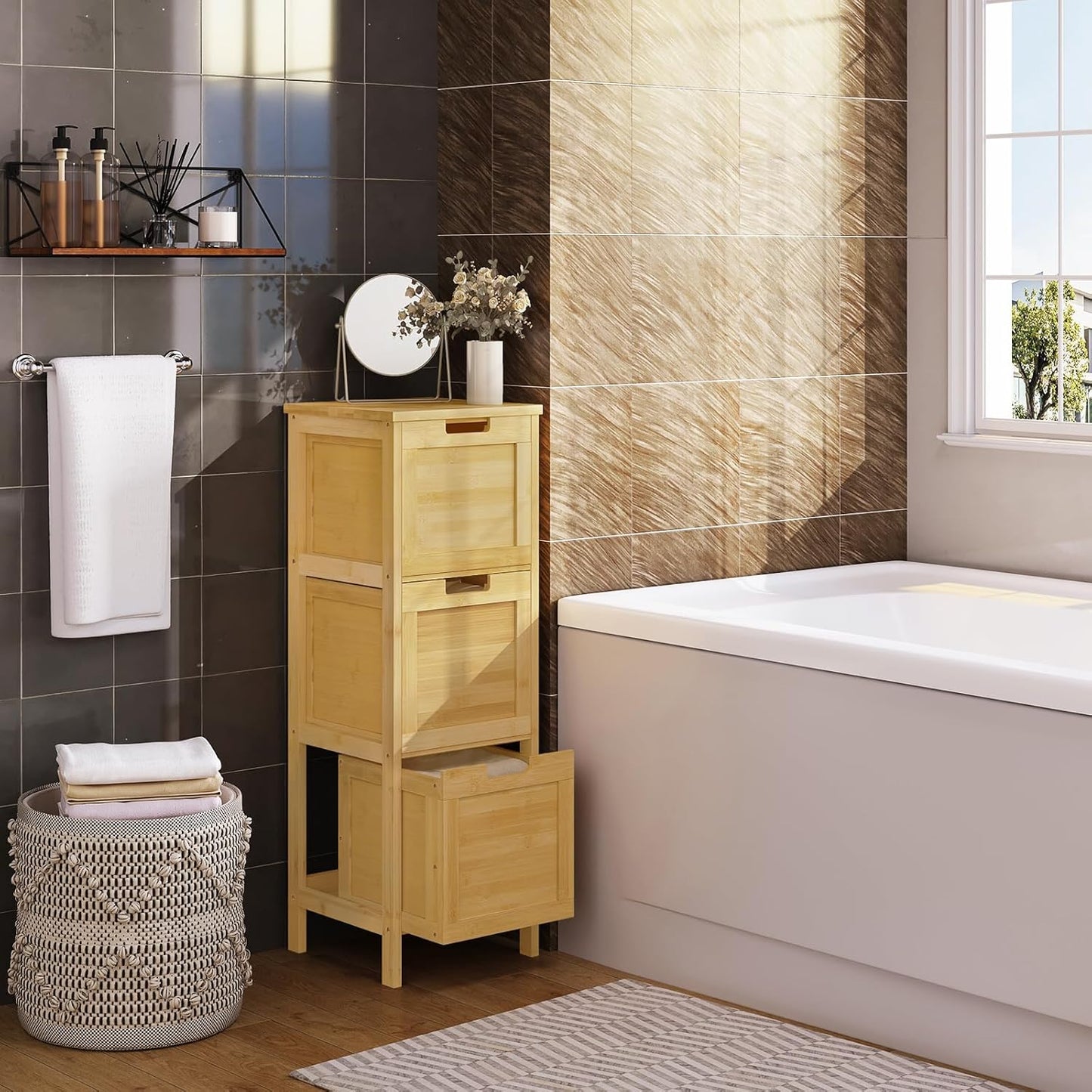Eugad Meuble de salle de bain étroit en bambou avec 3 tiroirs amovibles - Bambou naturel - 30 x 30 x 90 cm