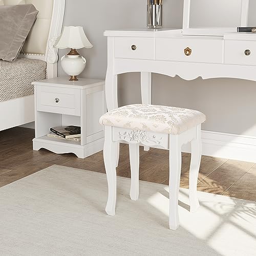 Woltu Tabouret de maquillage baroque - Tabouret de coiffeuse blanc à doublure souple - 40x30x50 cm