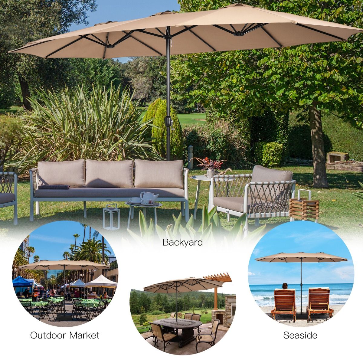 Coast 451.5 x 264 cm Parasol de terrasse double avec pied - Marron Parasol d'ombrage XXL pour le jardin, la terrasse et la piscine