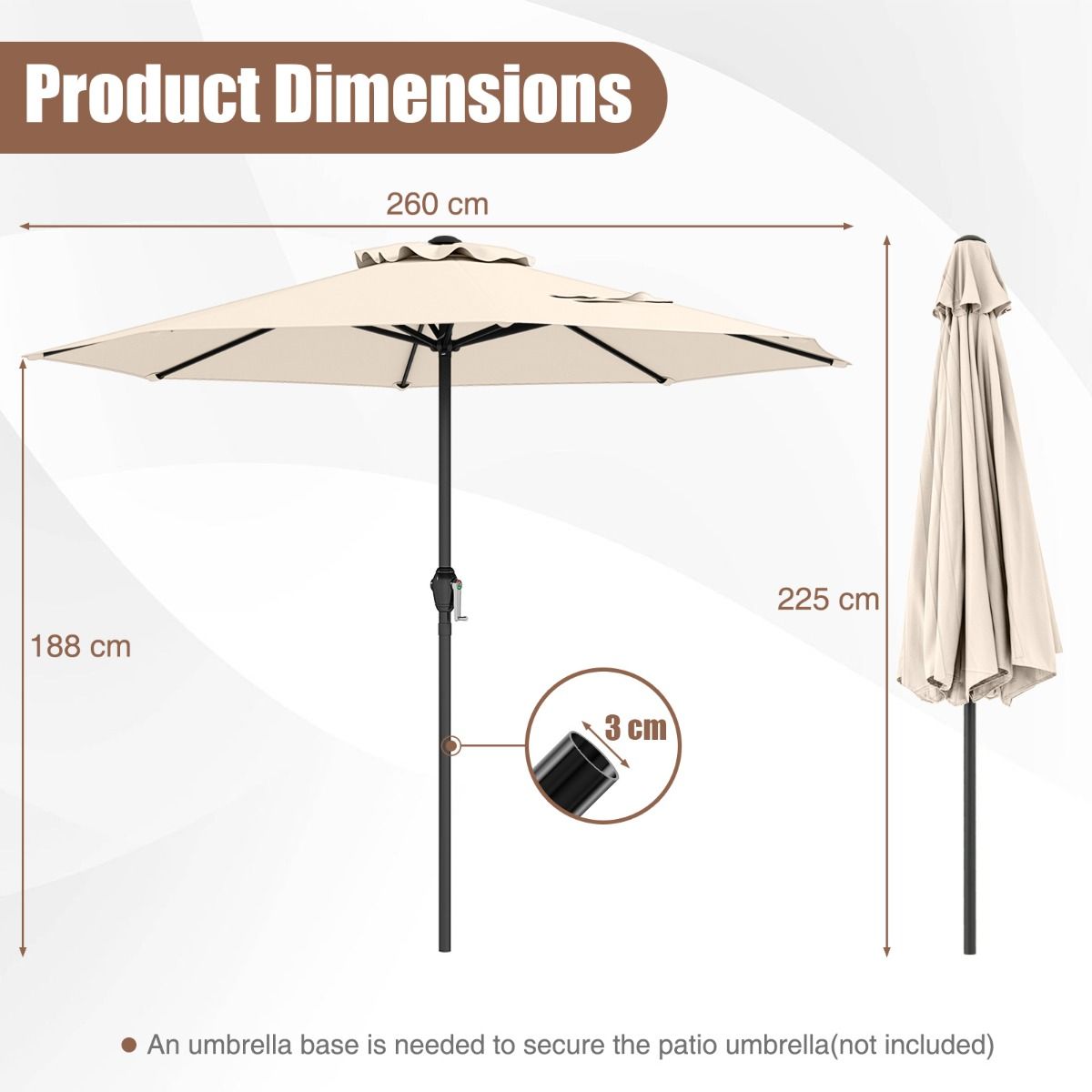 Parasol de terrasse Coast - avec manivelle - conception ventilée - 260 cm - beige