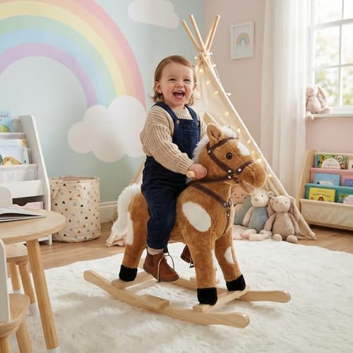 Animal à bascule Woltu pour bébés avec son et poignées - Peluche et coton PP - 74 x 65 x 34 cm