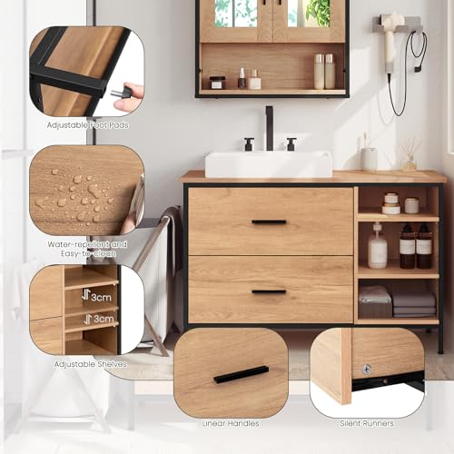 Eugad Armoire de toilette avec 2 tiroirs et 3 compartiments ouverts Chêne clair - Noir 90 x 30 x 60 cm