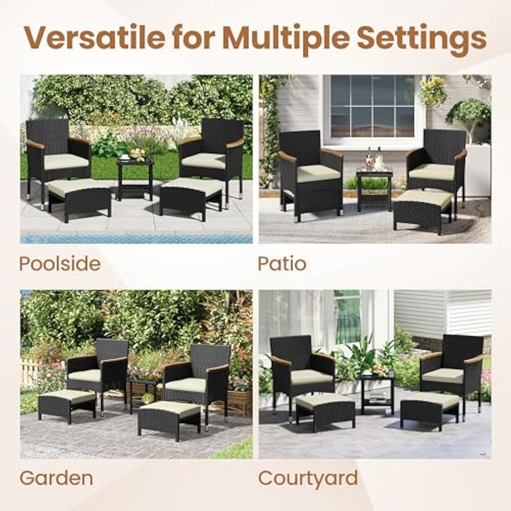 Yaheetech 5-Piece Lounge Set Black/Beige - PE Rattan - Chaise 62 x 61.5 x 84.5 cm - Avec table et poufs
