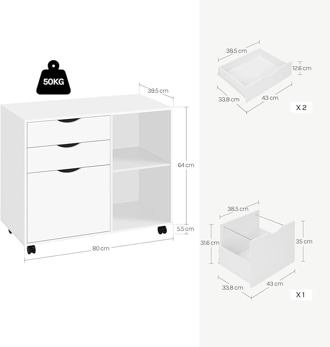 WOLTU ASK13ws roll container - bloc-tiroirs mobile pour le bureau - 3 tiroirs - blanc - 80 x 69,5 x 39,5 cm