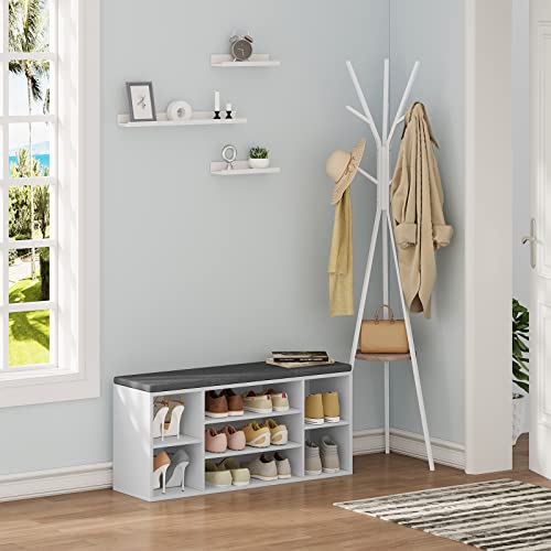 Woltu Shoe Bench with 7 Compartments - Rangement pour chaussures en bois avec siège et coussin - White with Grey - 103,5 x 48 x 30 cm