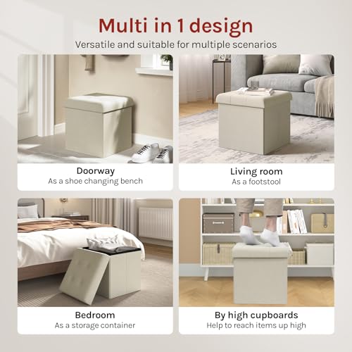 Woltu Tabouret pliable avec rangement - Blanc crème - 37,5 x 37,5 x 38 cm