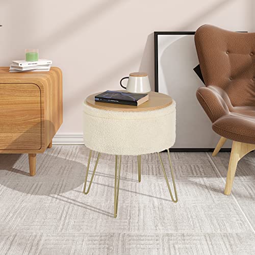 Woltu Tabouret de rangement rond - Blanc crème - Ø39 x 44 cm - Tabouret élégant avec espace de rangement
