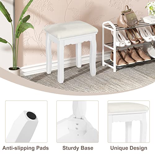 Woltu Make-up Stool Baroque - Tabouret en bois recouvert de velours blanc - 37 x 28 x 44.5 cm
