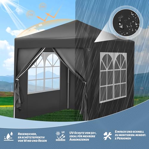 Woltu Pavillon pliant 2 x 2 m avec 6 parois latérales - Hydrofuge, protection UV 50+, hauteur réglable, anthracite