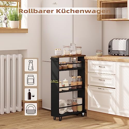 Woltu Kitchen Trolley with 3 Levels - étagère de cuisine en bois avec roues et poignée - Vintage Brown Black - 47 x 80 x 13 cm
