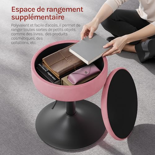 Woltu Tabouret de maquillage avec rangement - Tabouret de bar réglable 50-66.5 cm - Assise ronde - Rose velours