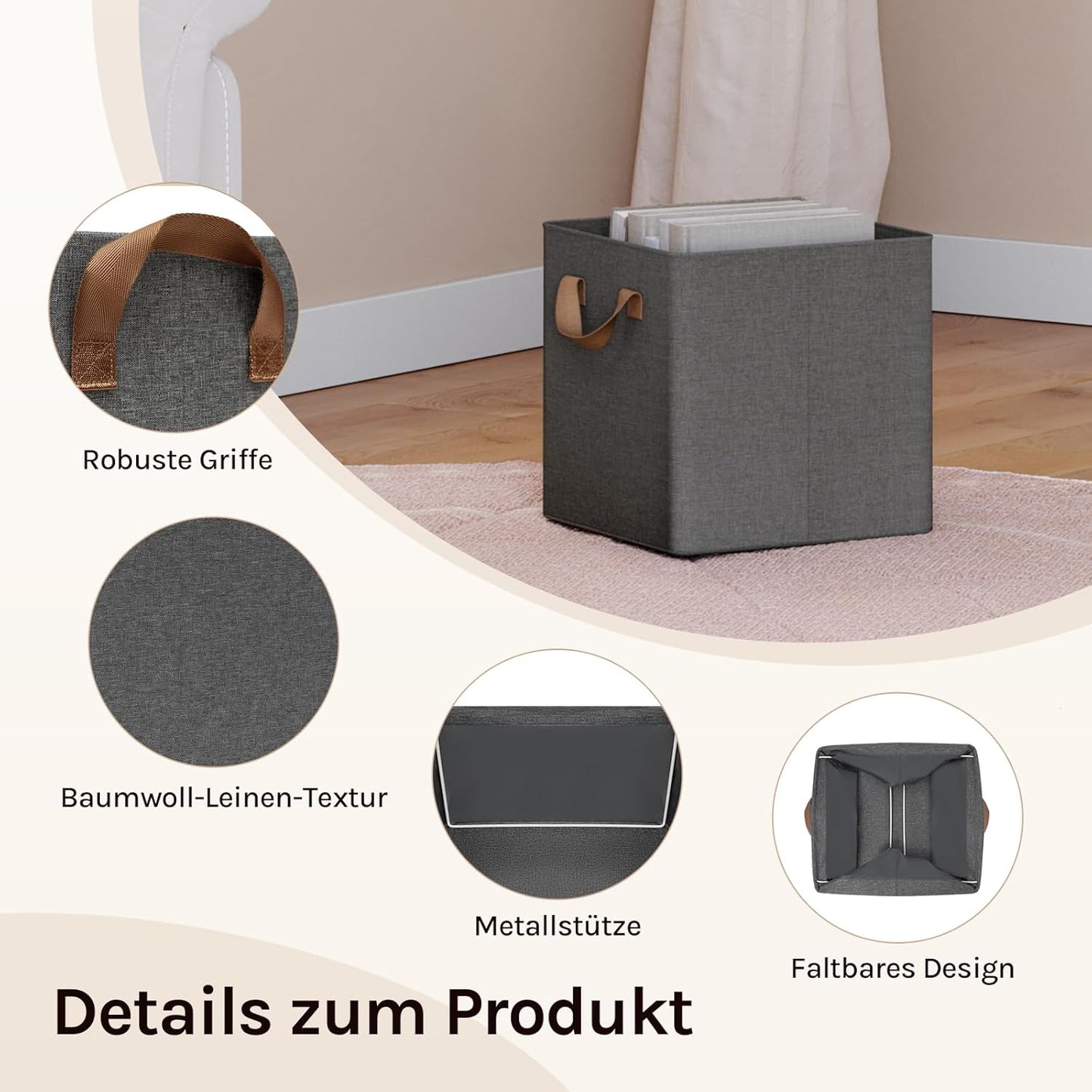 Woltu Boîte de rangement pliable Lot de 5 - Gris - Avec poignées et cadre en métal - 26 x 26 x 26,5 cm