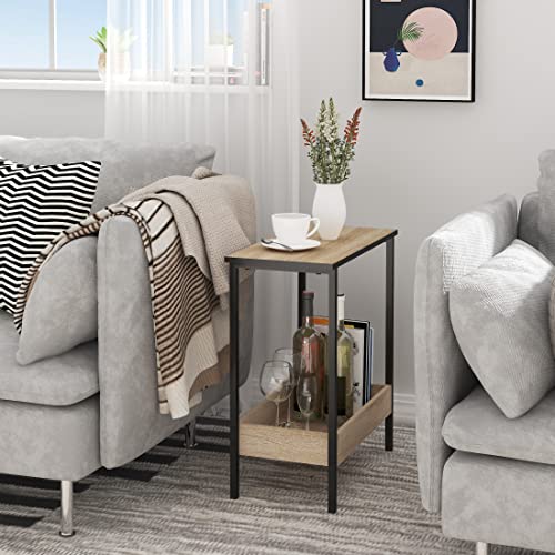 Table basse Woltu avec 2 étagères - Métal noir et chêne clair - 50 x 55 x 25 cm