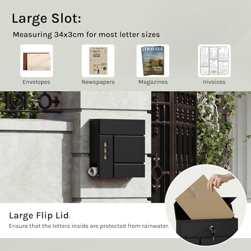 Boîte aux lettres extérieure Woltu avec 3 fenêtres transparentes et serrure - Noir - 37 x 10,5 x 37 cm