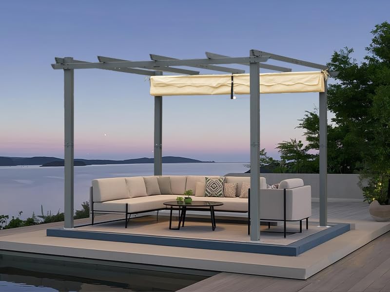 Angel Living Pergola en aluminium - Toit rétractable - Design élégant - Pavillon - Tonnelle - avec toile polyester résistante à l'eau et aux UV - Beige - 3 x 3 m