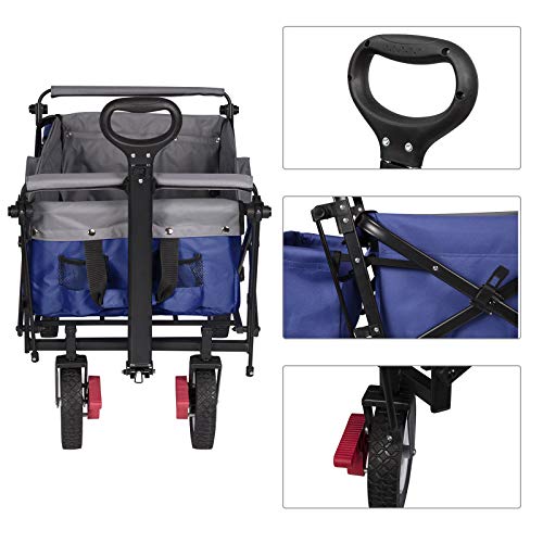 Chariot de transport Woltu pliable - châssis robuste en acier bleu - capacité de 80 kg, avec frein et pare-soleil amovible - 4 roues pivotantes 100x50x90 cm