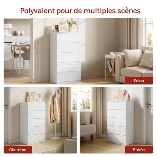Commode Woltu 5 tiroirs blanc - Meuble de rangement spacieux pour le salon et la chambre 60 x 37 x 110 cm