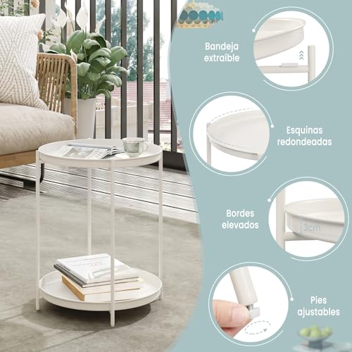 Table d'appoint ronde Woltu avec 2 étagères amovibles - Métal, Crème - Ø44 cm, Hauteur 57 cm