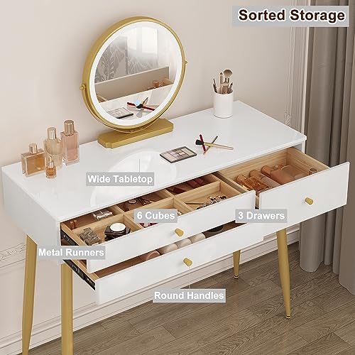 Woltu Make-up Table MB6105ws avec tabouret et miroir LED - Bureau de maquillage en bois avec éclairage réglable, 3 tiroirs, siège en velours avec dossier - blanc, crème et or - 100x40 cm