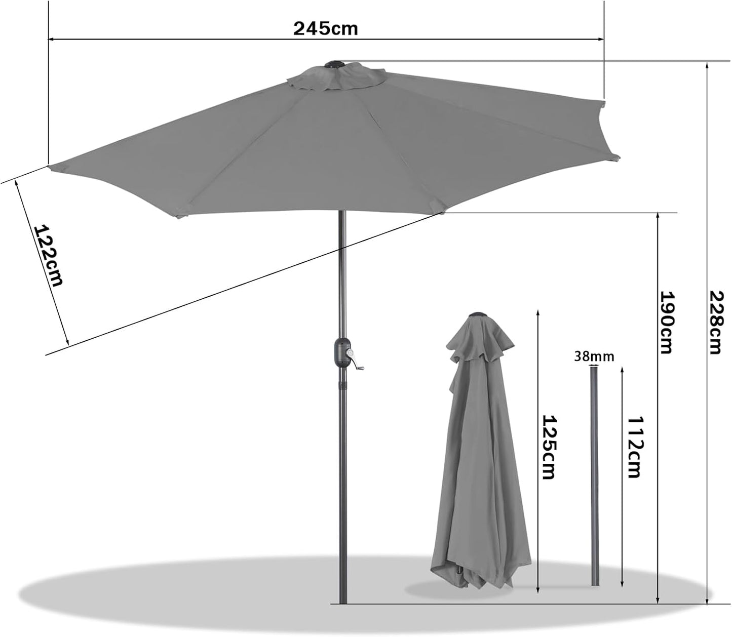 Angel Living Parasol de balcon - Semi-circulaire - 245 x 120 cm - Gris