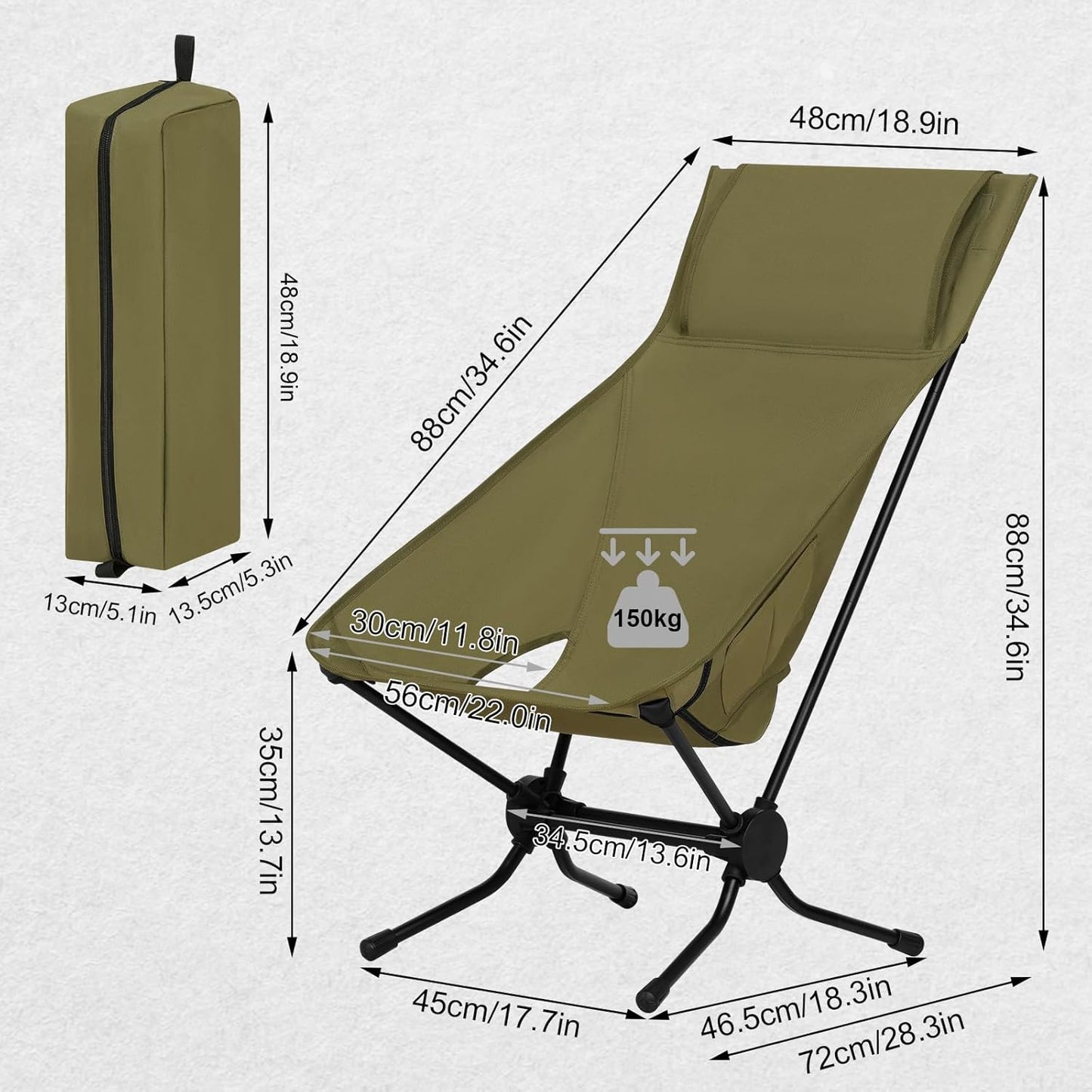 Chaise de camping pliable Woltu verte 56 x 72 x 88 cm - Chaise de pêche légère avec dossier haut et sac de transport - Charge jusqu'à 150 kg