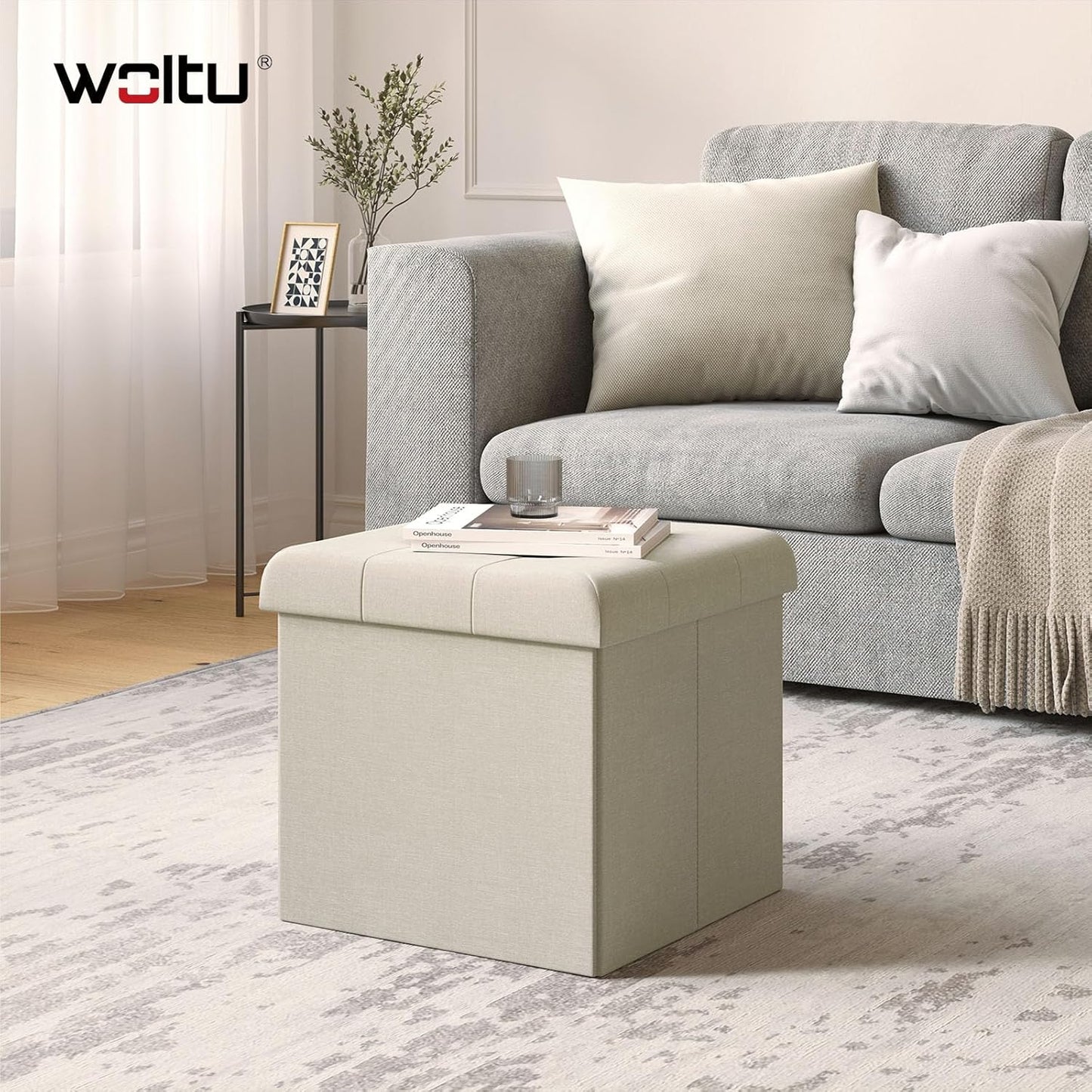Woltu Tabouret de rangement pliable avec couvercle - Lin blanc cassé - 37,5 x 37,5 x 38 cm - Tabouret et pouf de rangement 35L
