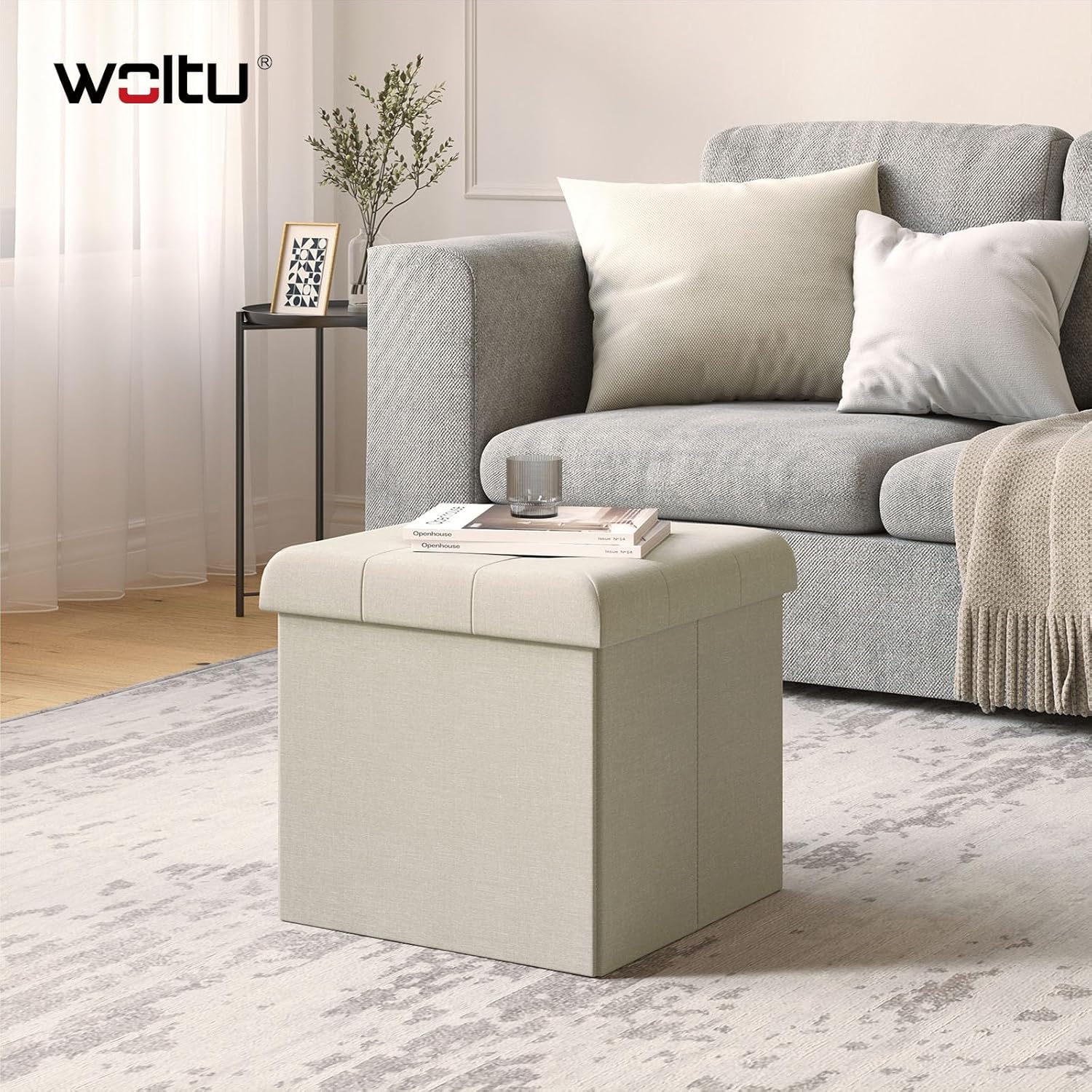 Woltu Tabouret de rangement pliable avec couvercle - Lin blanc cassé - 37,5 x 37,5 x 38 cm - Tabouret et pouf de rangement 35L